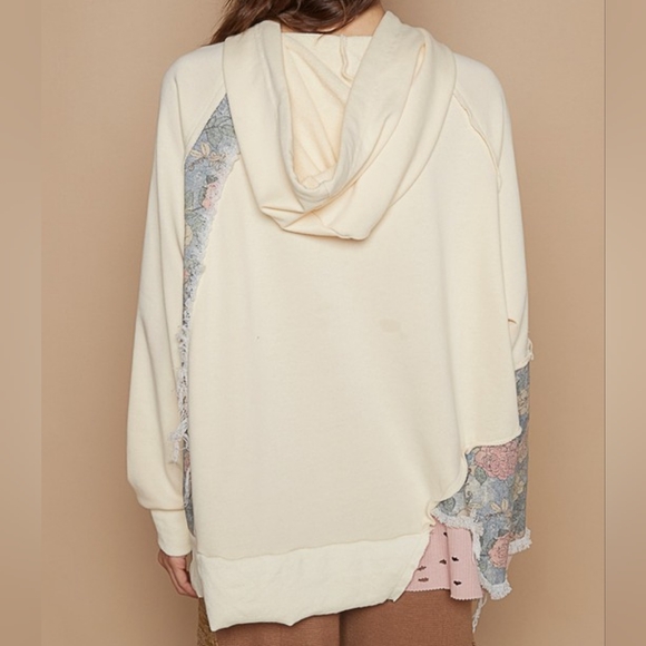 POL Hoodie Floral Contrast Patchwork Top Distressed Raw Exposed Seam Sweatshirt - Picture 15 of 15